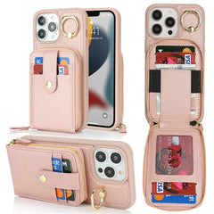 For iPhone 13 Pro Max / 12 Pro Max Case with Zipper Pouch / Ring Kickstand / Strap Litchi Texture PU + TPU Phone Cover - TechGearPal