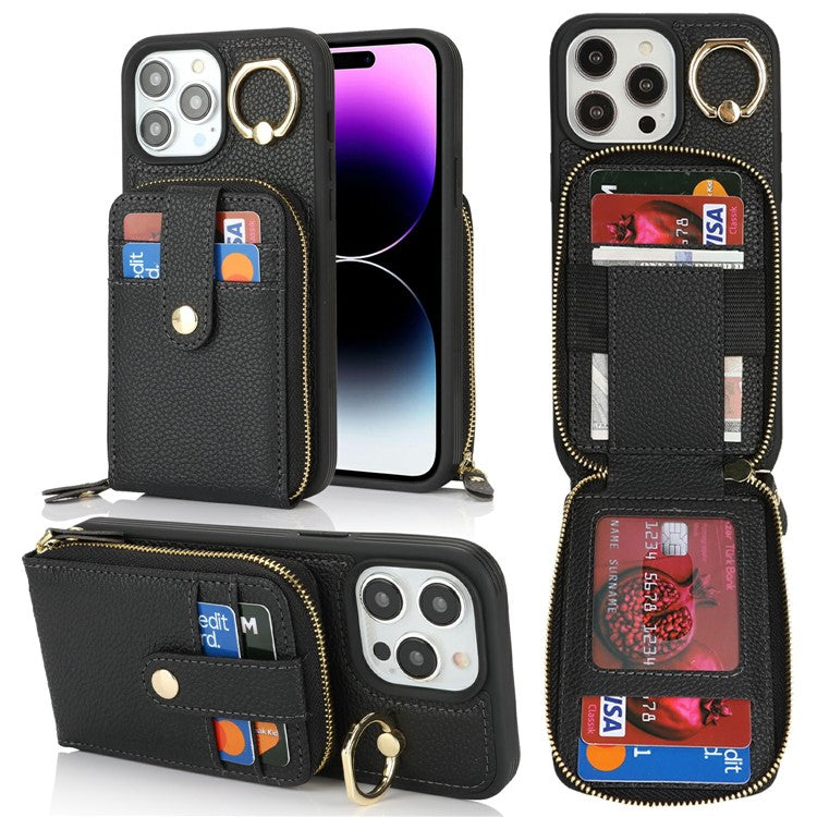 For iPhone 14 Pro Max Case with Zipper Pouch / Ring Kickstand / Strap Litchi Texture PU + TPU Phone Cover - TechGearPal
