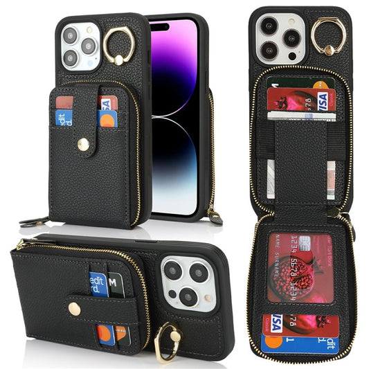 For iPhone 14 Pro Max Case with Zipper Pouch / Ring Kickstand / Strap Litchi Texture PU + TPU Phone Cover - TechGearPal