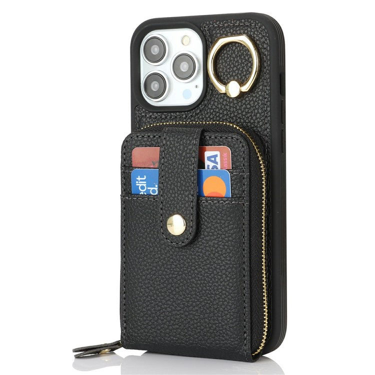 For iPhone 14 Pro Max Case with Zipper Pouch / Ring Kickstand / Strap Litchi Texture PU + TPU Phone Cover - TechGearPal