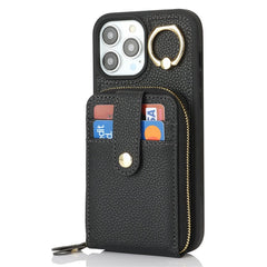 For iPhone 14 Pro Max Case with Zipper Pouch / Ring Kickstand / Strap Litchi Texture PU + TPU Phone Cover - TechGearPal