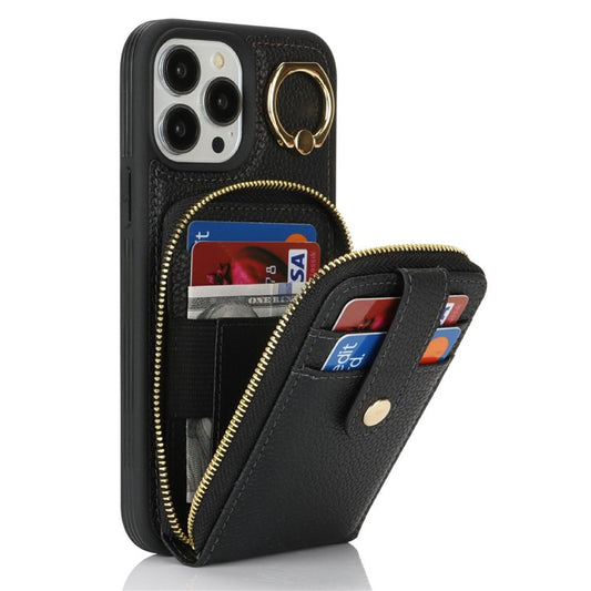 For iPhone 14 Pro Max Case with Zipper Pouch / Ring Kickstand / Strap Litchi Texture PU + TPU Phone Cover - TechGearPal