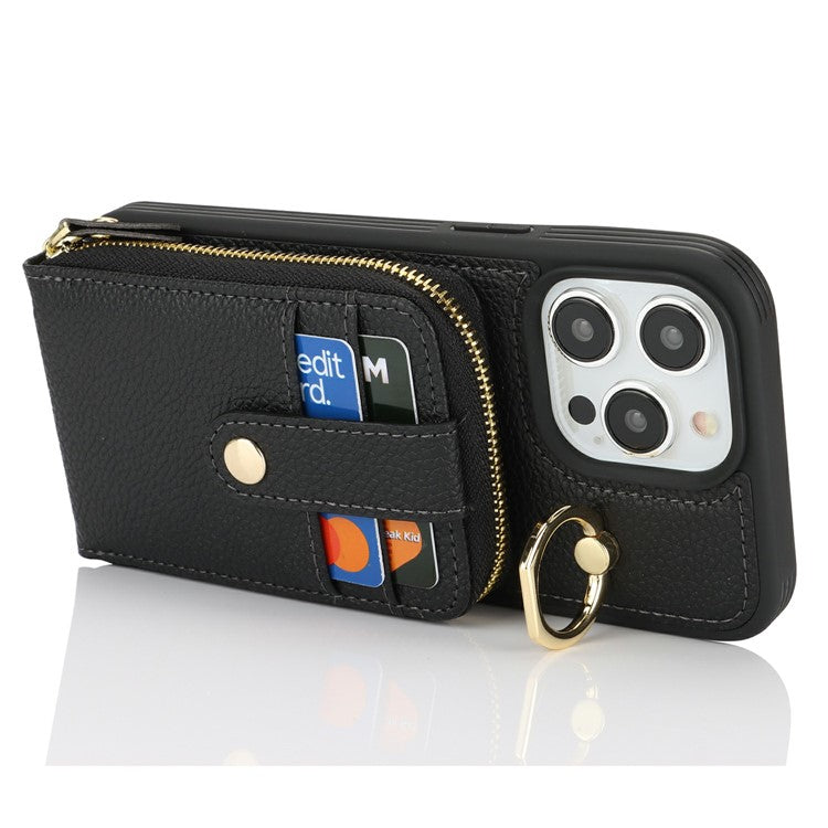 For iPhone 14 Pro Max Case with Zipper Pouch / Ring Kickstand / Strap Litchi Texture PU + TPU Phone Cover - TechGearPal