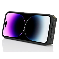 For iPhone 14 Pro Max Case with Zipper Pouch / Ring Kickstand / Strap Litchi Texture PU + TPU Phone Cover - TechGearPal