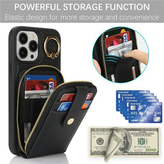 For iPhone 14 Pro Max Case with Zipper Pouch / Ring Kickstand / Strap Litchi Texture PU + TPU Phone Cover - TechGearPal