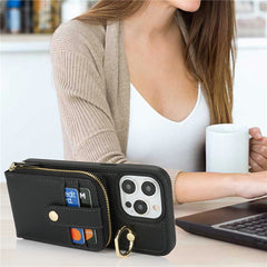 For iPhone 14 Pro Max Case with Zipper Pouch / Ring Kickstand / Strap Litchi Texture PU + TPU Phone Cover - TechGearPal