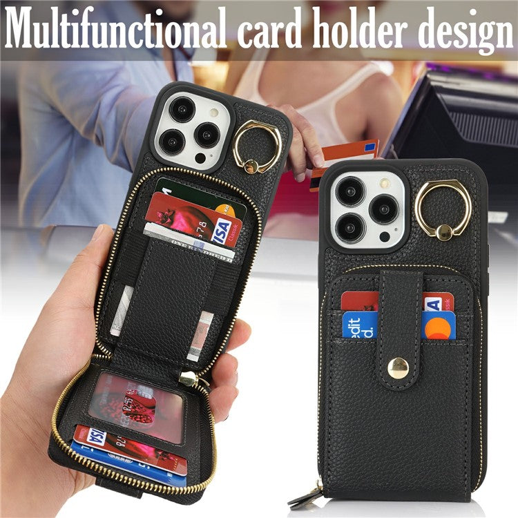 For iPhone 14 Pro Max Case with Zipper Pouch / Ring Kickstand / Strap Litchi Texture PU + TPU Phone Cover - TechGearPal