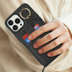For iPhone 14 Pro Max Case with Zipper Pouch / Ring Kickstand / Strap Litchi Texture PU + TPU Phone Cover - TechGearPal