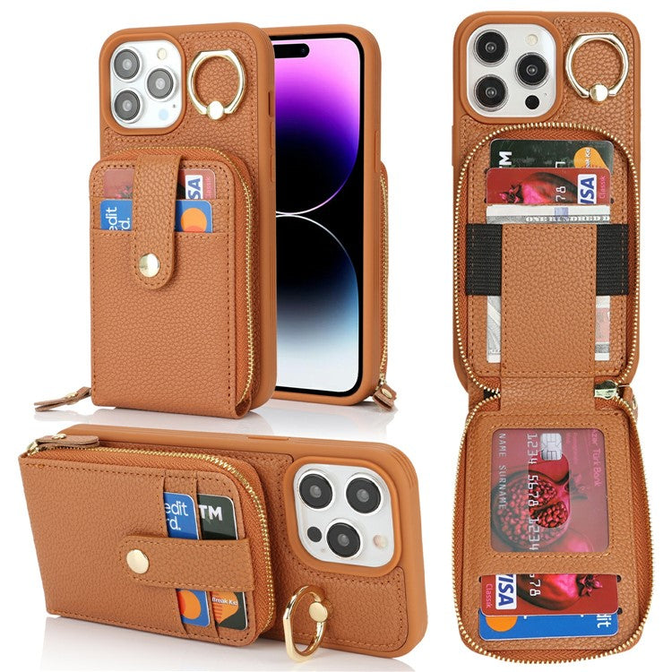 For iPhone 14 Pro Max Case with Zipper Pouch / Ring Kickstand / Strap Litchi Texture PU + TPU Phone Cover - TechGearPal