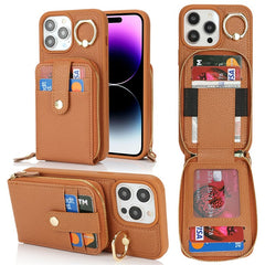 For iPhone 14 Pro Max Case with Zipper Pouch / Ring Kickstand / Strap Litchi Texture PU + TPU Phone Cover - TechGearPal
