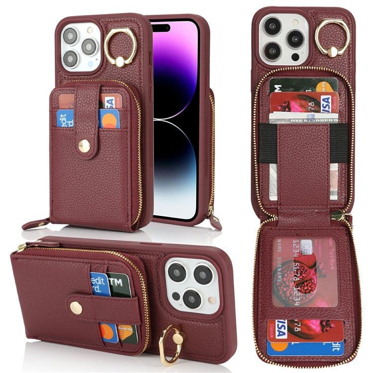 For iPhone 14 Pro Max Case with Zipper Pouch / Ring Kickstand / Strap Litchi Texture PU + TPU Phone Cover - TechGearPal