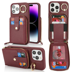For iPhone 14 Pro Max Case with Zipper Pouch / Ring Kickstand / Strap Litchi Texture PU + TPU Phone Cover - TechGearPal