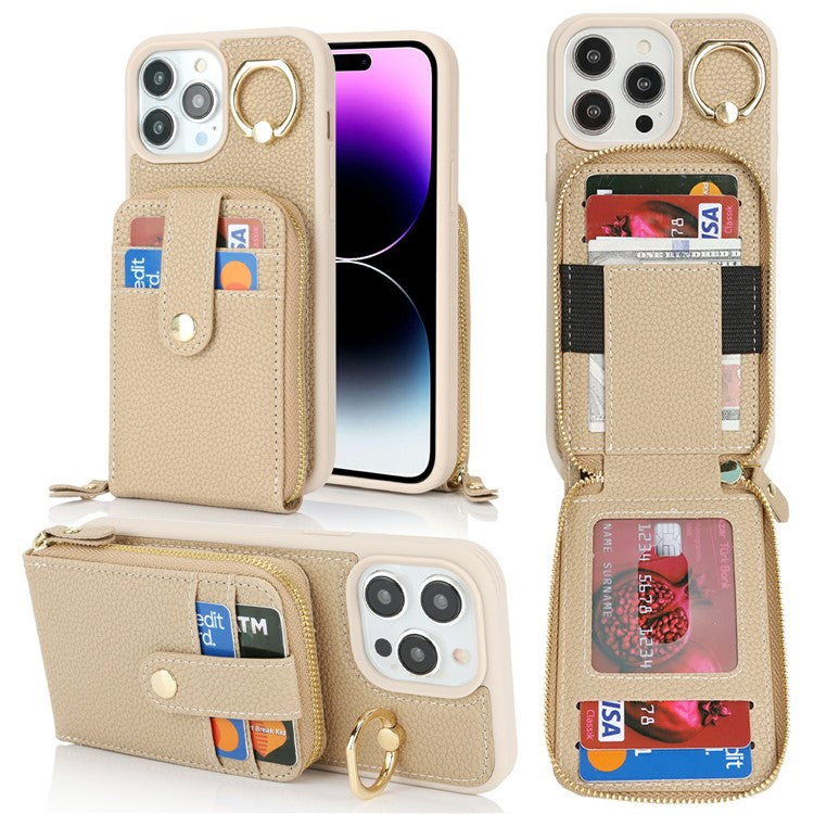 For iPhone 14 Pro Max Case with Zipper Pouch / Ring Kickstand / Strap Litchi Texture PU + TPU Phone Cover - TechGearPal