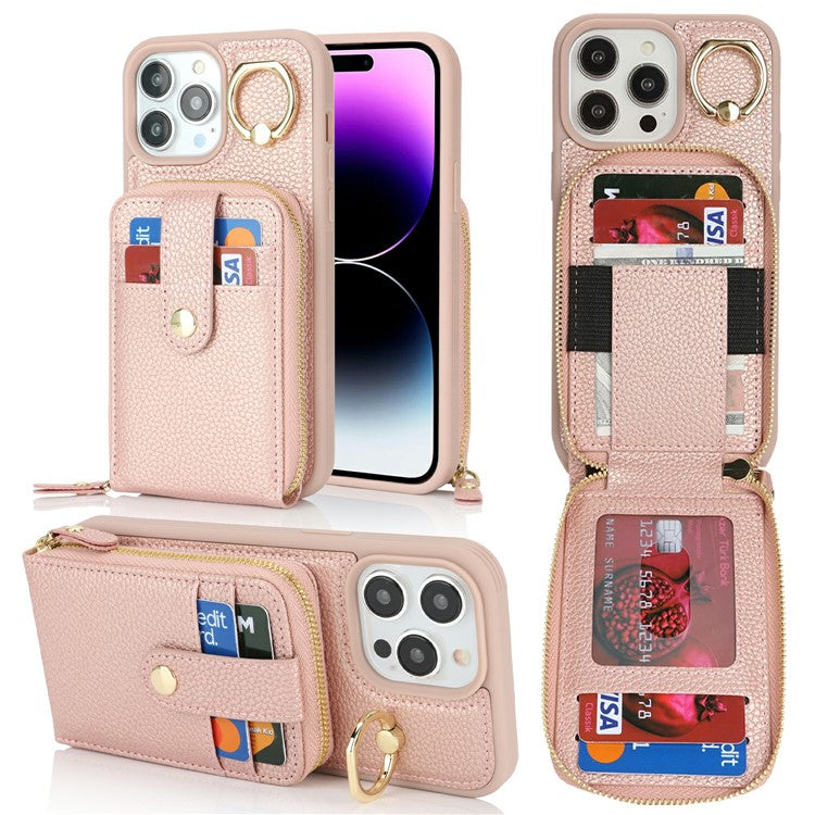 For iPhone 14 Pro Max Case with Zipper Pouch / Ring Kickstand / Strap Litchi Texture PU + TPU Phone Cover - TechGearPal