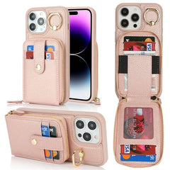 For iPhone 14 Pro Max Case with Zipper Pouch / Ring Kickstand / Strap Litchi Texture PU + TPU Phone Cover - TechGearPal
