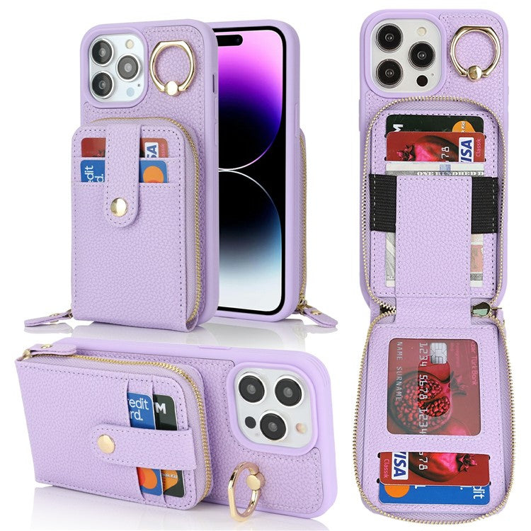 For iPhone 14 Pro Max Case with Zipper Pouch / Ring Kickstand / Strap Litchi Texture PU + TPU Phone Cover - TechGearPal