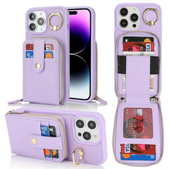 For iPhone 14 Pro Max Case with Zipper Pouch / Ring Kickstand / Strap Litchi Texture PU + TPU Phone Cover - TechGearPal