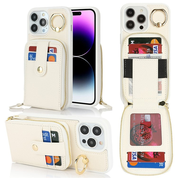 For iPhone 14 Pro Max Case with Zipper Pouch / Ring Kickstand / Strap Litchi Texture PU + TPU Phone Cover - TechGearPal