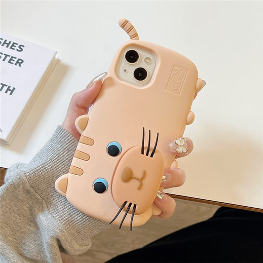 For iPhone 15 Silicone Case Cute Walking Cat Design Lens Cover Kickstand Phone Cover - TechGearPal