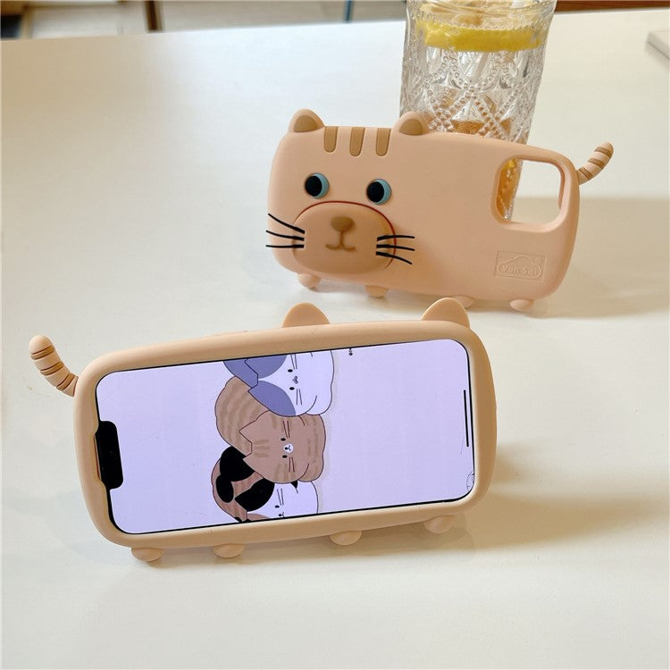 For iPhone 15 Silicone Case Cute Walking Cat Design Lens Cover Kickstand Phone Cover - TechGearPal