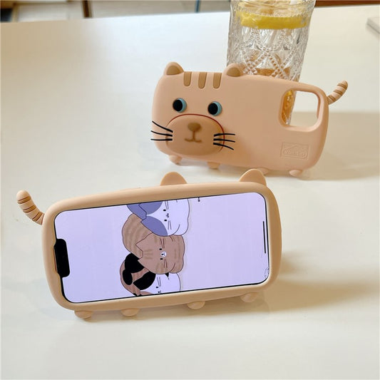 For iPhone 15 Silicone Case Cute Walking Cat Design Lens Cover Kickstand Phone Cover - TechGearPal