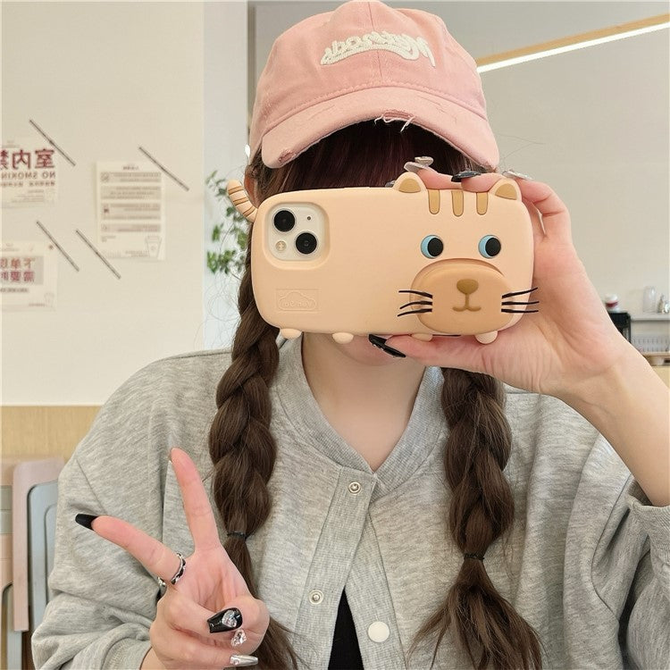 For iPhone 15 Silicone Case Cute Walking Cat Design Lens Cover Kickstand Phone Cover - TechGearPal