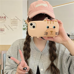 For iPhone 15 Silicone Case Cute Walking Cat Design Lens Cover Kickstand Phone Cover - TechGearPal