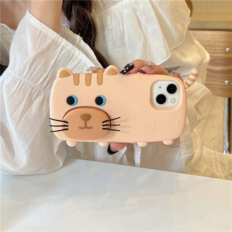 For iPhone 15 Silicone Case Cute Walking Cat Design Lens Cover Kickstand Phone Cover - TechGearPal