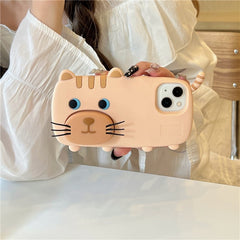 For iPhone 15 Silicone Case Cute Walking Cat Design Lens Cover Kickstand Phone Cover - TechGearPal