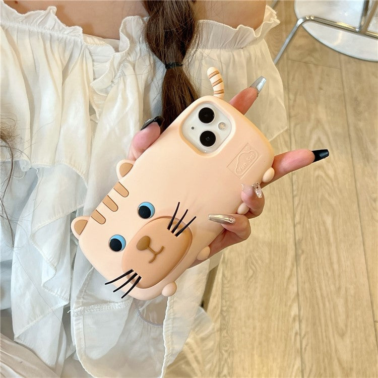 For iPhone 15 Silicone Case Cute Walking Cat Design Lens Cover Kickstand Phone Cover - TechGearPal