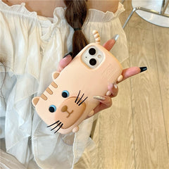 For iPhone 15 Silicone Case Cute Walking Cat Design Lens Cover Kickstand Phone Cover - TechGearPal