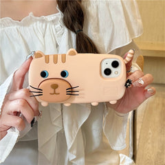 For iPhone 15 Silicone Case Cute Walking Cat Design Lens Cover Kickstand Phone Cover - TechGearPal