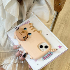 For iPhone 15 Silicone Case Cute Walking Cat Design Lens Cover Kickstand Phone Cover - TechGearPal