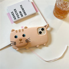 For iPhone 15 Silicone Case Cute Walking Cat Design Lens Cover Kickstand Phone Cover - TechGearPal