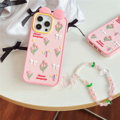 For iPhone 16 Pro Max Silicone Case Cute 3D Tulip Design Shockproof Phone Back Cover with Lanyard