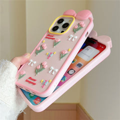 For iPhone 16 Pro Max Silicone Case Cute 3D Tulip Design Shockproof Phone Back Cover with Lanyard
