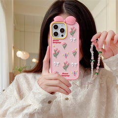 For iPhone 16 Pro Max Silicone Case Cute 3D Tulip Design Shockproof Phone Back Cover with Lanyard