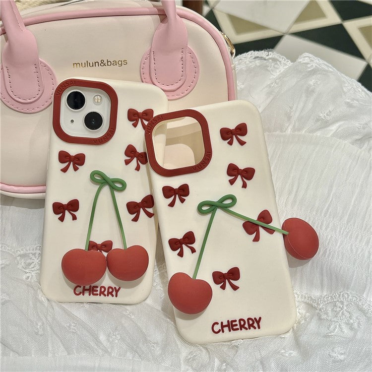 For iPhone 15 Silicone Case Cute Pendant Cherry Design Shockproof Durable Phone Back Cover - TechGearPal