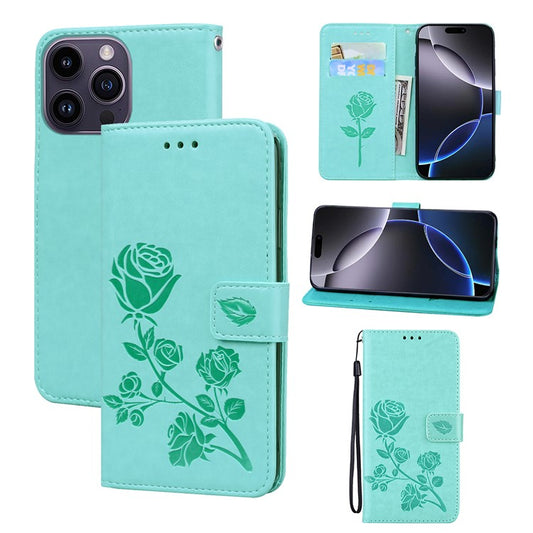 For iPhone 14 Pro Max Case Rose Pattern Leather Wallet Phone Cover with Strap - TechGearPal
