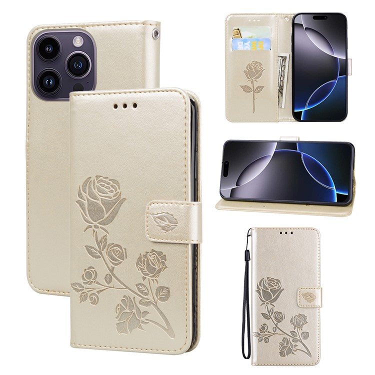 For iPhone 14 Pro Max Case Rose Pattern Leather Wallet Phone Cover with Strap - TechGearPal