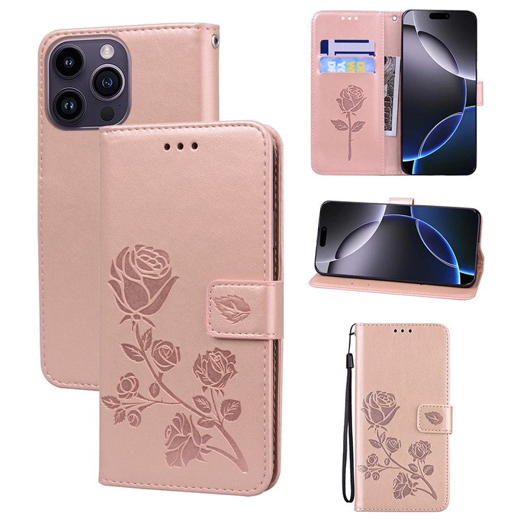 For iPhone 14 Pro Max Case Rose Pattern Leather Wallet Phone Cover with Strap - TechGearPal
