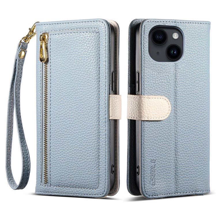 ESEBLE E11 For iPhone 14 / 13 Case Zipper Pocket Litchi Texture Leather Phone Cover with Mirror and Wrist Strap - TechGearPal