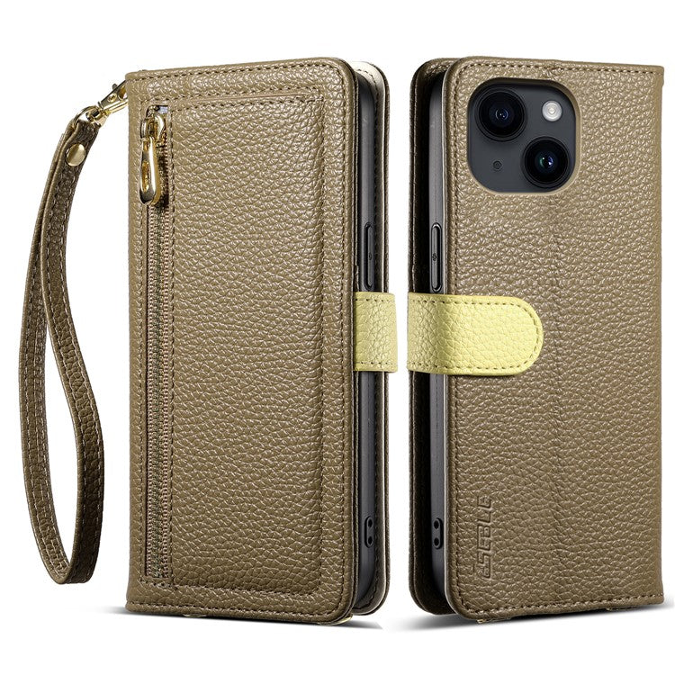 ESEBLE E11 For iPhone 14 / 13 Case Zipper Pocket Litchi Texture Leather Phone Cover with Mirror and Wrist Strap - TechGearPal