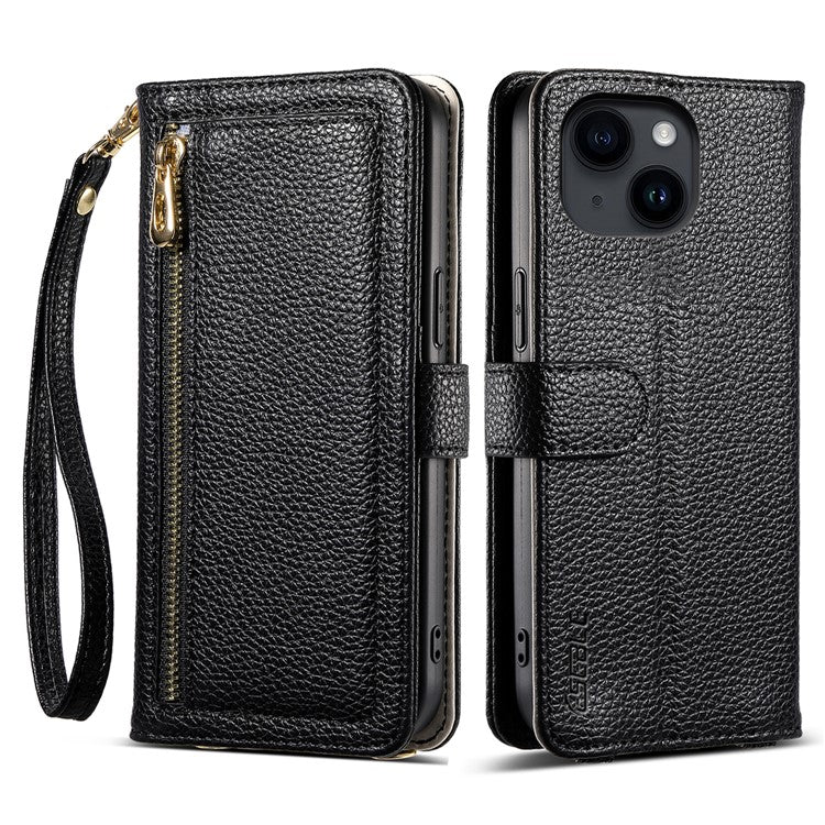 ESEBLE E11 For iPhone 14 / 13 Case Zipper Pocket Litchi Texture Leather Phone Cover with Mirror and Wrist Strap - TechGearPal