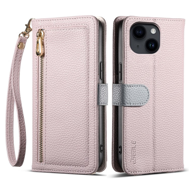 ESEBLE E11 For iPhone 14 / 13 Case Zipper Pocket Litchi Texture Leather Phone Cover with Mirror and Wrist Strap - TechGearPal