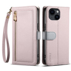 ESEBLE E11 For iPhone 14 / 13 Case Zipper Pocket Litchi Texture Leather Phone Cover with Mirror and Wrist Strap - TechGearPal
