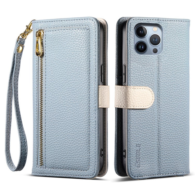 ESEBLE E11 For iPhone 14 Pro Max Case Zipper Pocket Litchi Texture Leather Phone Cover with Mirror and Wrist Strap - TechGearPal