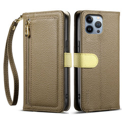 ESEBLE E11 For iPhone 14 Pro Max Case Zipper Pocket Litchi Texture Leather Phone Cover with Mirror and Wrist Strap - TechGearPal