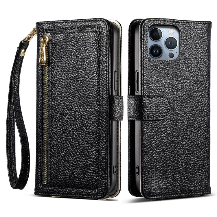 ESEBLE E11 For iPhone 14 Pro Max Case Zipper Pocket Litchi Texture Leather Phone Cover with Mirror and Wrist Strap - TechGearPal