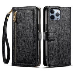 ESEBLE E11 For iPhone 14 Pro Max Case Zipper Pocket Litchi Texture Leather Phone Cover with Mirror and Wrist Strap - TechGearPal